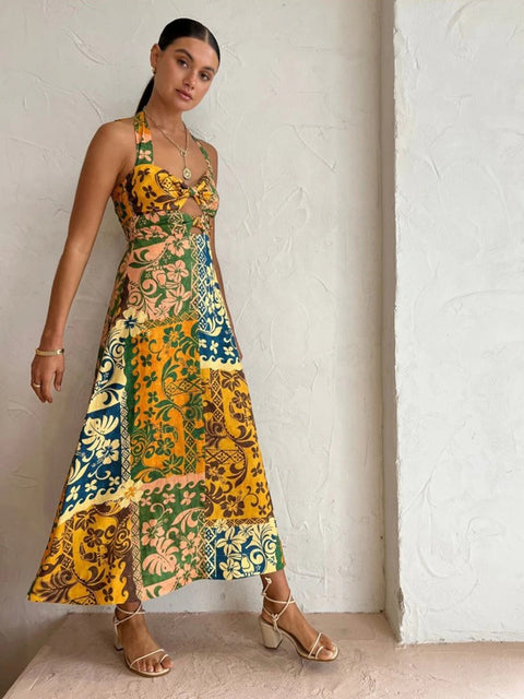 New Fashion Printed Hollow Out Sexy  Halter Backless A-line Dress  CODE: KAR2296