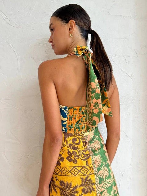 New Fashion Printed Hollow Out Sexy  Halter Backless A-line Dress  CODE: KAR2296