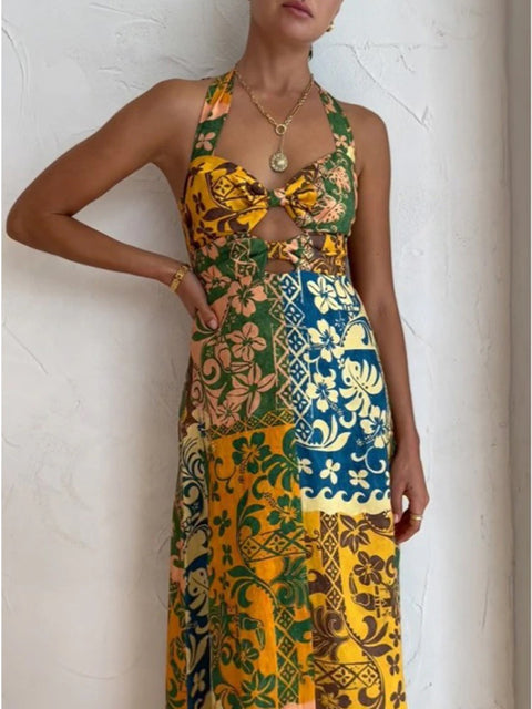 New Fashion Printed Hollow Out Sexy  Halter Backless A-line Dress  CODE: KAR2296