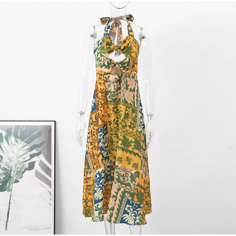 New Fashion Printed Hollow Out Sexy  Halter Backless A-line Dress  CODE: KAR2296