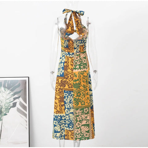 New Fashion Printed Hollow Out Sexy  Halter Backless A-line Dress  CODE: KAR2296