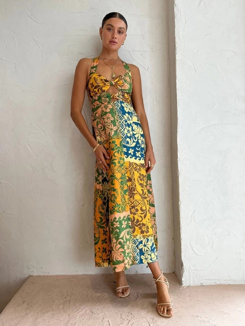 New Fashion Printed Hollow Out Sexy  Halter Backless A-line Dress  CODE: KAR2296
