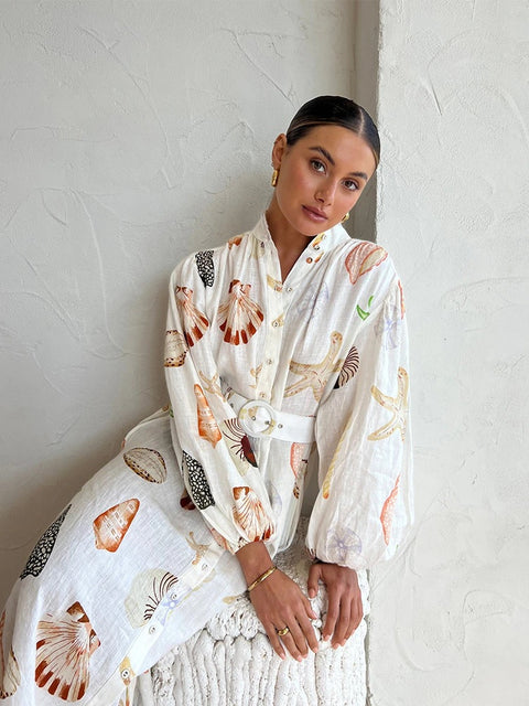 New Shell Printed Belts Long Lantern  Sleeve Single Breasted Stand Collar Dress CODE: KAR2297