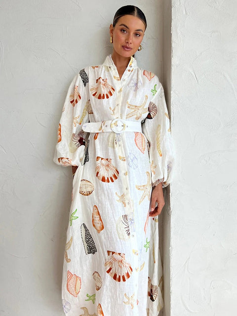 New Shell Printed Belts Long Lantern  Sleeve Single Breasted Stand Collar Dress CODE: KAR2297