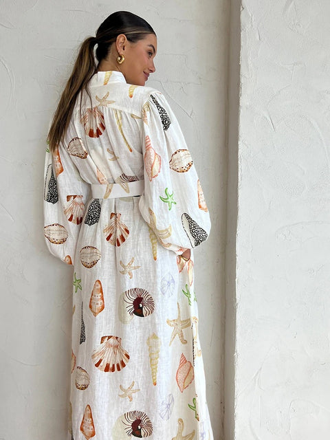 New Shell Printed Belts Long Lantern  Sleeve Single Breasted Stand Collar Dress CODE: KAR2297