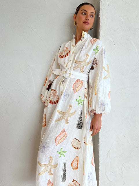 New Shell Printed Belts Long Lantern  Sleeve Single Breasted Stand Collar Dress CODE: KAR2297