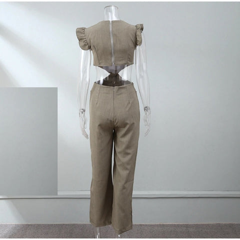 New Fashion Round Neck Short Sleeve Open Waist Wide Leg Jumpsuit CODE: KAR2306