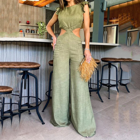 New Fashion Round Neck Short Sleeve Open Waist Wide Leg Jumpsuit CODE: KAR2306