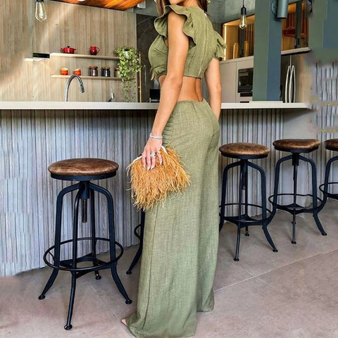 New Fashion Round Neck Short Sleeve Open Waist Wide Leg Jumpsuit CODE: KAR2306