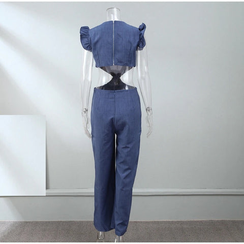 New Fashion Round Neck Short Sleeve Open Waist Wide Leg Jumpsuit CODE: KAR2306