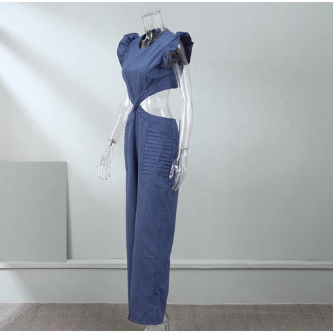 New Fashion Round Neck Short Sleeve Open Waist Wide Leg Jumpsuit CODE: KAR2306