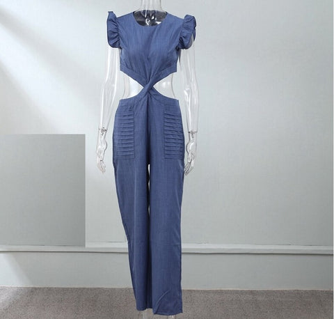 New Fashion Round Neck Short Sleeve Open Waist Wide Leg Jumpsuit CODE: KAR2306