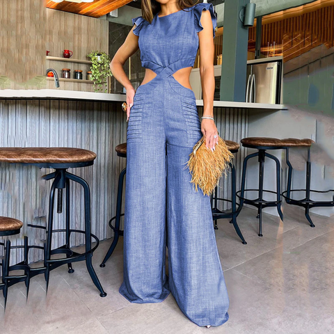 New Fashion Round Neck Short Sleeve Open Waist Wide Leg Jumpsuit CODE: KAR2306