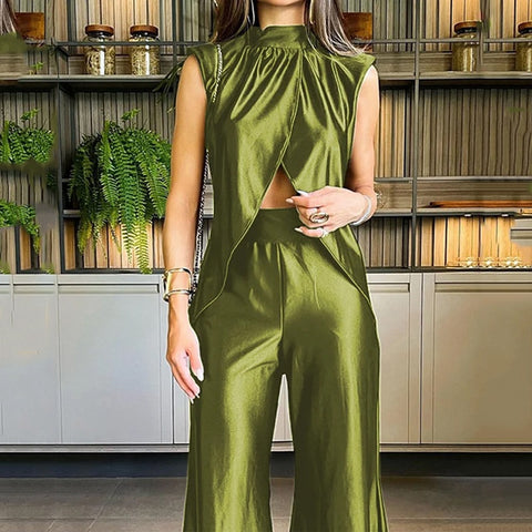 New Sleeveless Tank Split Hem Top And Wide Leg Loose Pant 2 Piece Set CODE: KAR2307