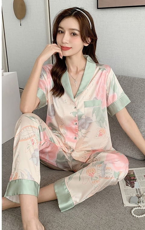 Summer Printed Short Sleeve Soft Button Pajama Set CODE: KAR2311