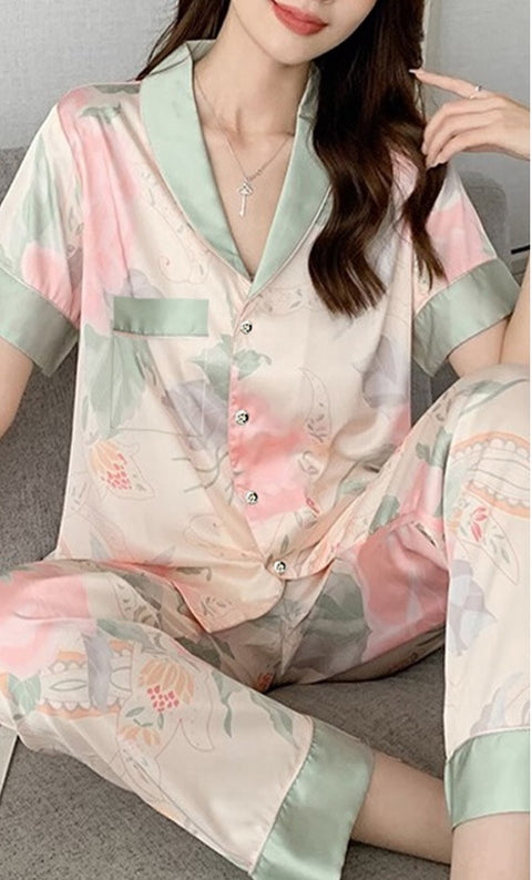 Summer Printed Short Sleeve Soft Button Pajama Set CODE: KAR2311