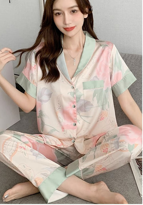 Summer Printed Short Sleeve Soft Button Pajama Set CODE: KAR2311