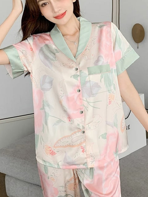 Summer Printed Short Sleeve Soft Button Pajama Set CODE: KAR2311