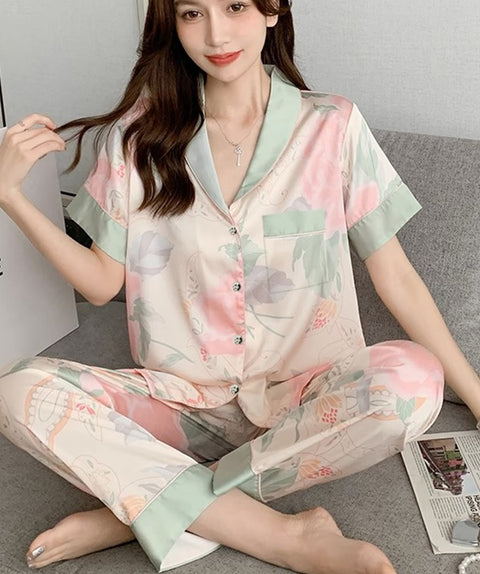 Summer Printed Short Sleeve Soft Button Pajama Set CODE: KAR2311