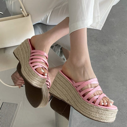 Summer Fashion Weave Thick Wedge Heel Slides Slippers CODE: KAR2313