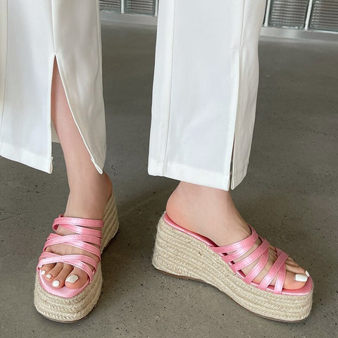 Summer Fashion Weave Thick Wedge Heel Slides Slippers CODE: KAR2313