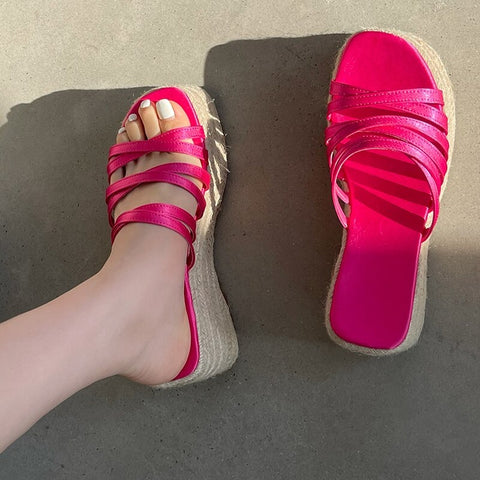 Summer Fashion Weave Thick Wedge Heel Slides Slippers CODE: KAR2313