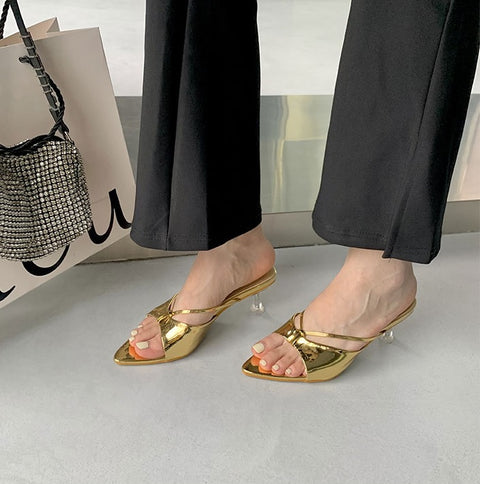 Summer Pointed Open Toe Low Heel Gold Cross Strap Sexy Sandle CODE: KAR2315
