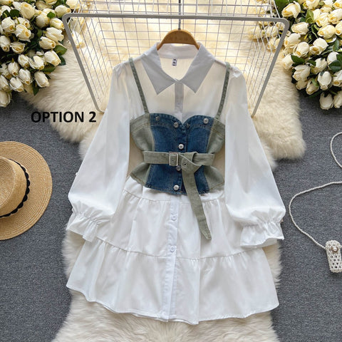 New Tie Puff Sleeve Ruffle Turn-down Collar Blouse + Sashes Slim Demin Vest CODE: KAR2317
