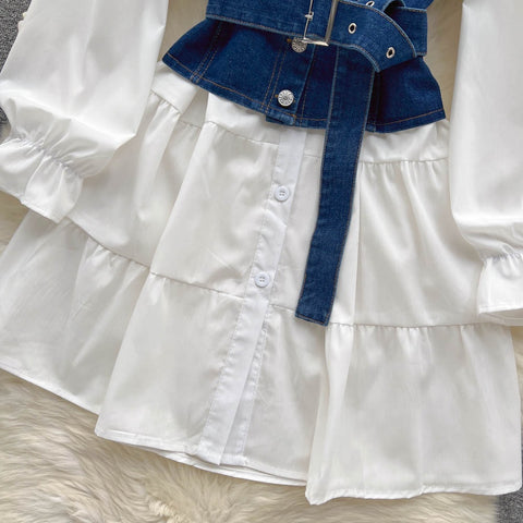 New Tie Puff Sleeve Ruffle Turn-down Collar Blouse + Sashes Slim Demin Vest CODE: KAR2317
