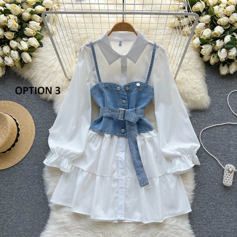 New Tie Puff Sleeve Ruffle Turn-down Collar Blouse + Sashes Slim Demin Vest CODE: KAR2317