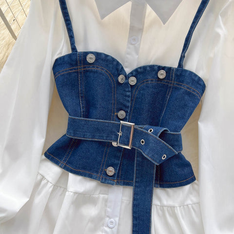 New Tie Puff Sleeve Ruffle Turn-down Collar Blouse + Sashes Slim Demin Vest CODE: KAR2317