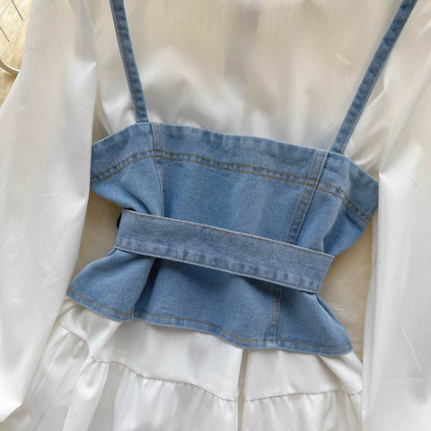 New Tie Puff Sleeve Ruffle Turn-down Collar Blouse + Sashes Slim Demin Vest CODE: KAR2317