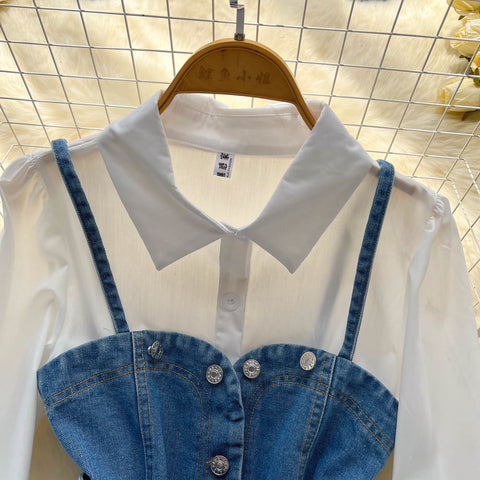 New Tie Puff Sleeve Ruffle Turn-down Collar Blouse + Sashes Slim Demin Vest CODE: KAR2317