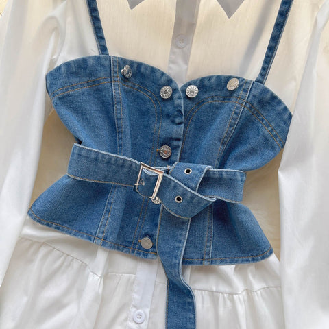 New Tie Puff Sleeve Ruffle Turn-down Collar Blouse + Sashes Slim Demin Vest CODE: KAR2317