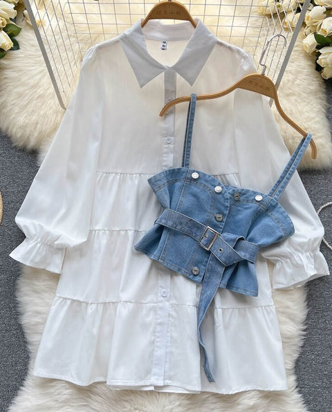 New Tie Puff Sleeve Ruffle Turn-down Collar Blouse + Sashes Slim Demin Vest CODE: KAR2317