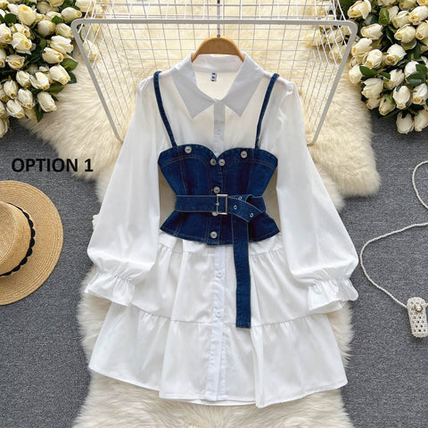 New Tie Puff Sleeve Ruffle Turn-down Collar Blouse + Sashes Slim Demin Vest CODE: KAR2317