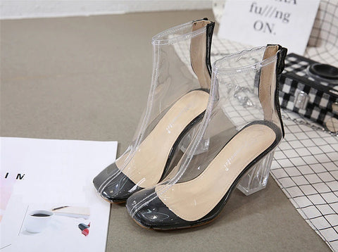 Sexy Transparent Square Toe  Zipper Fashion High Thick Heel Ankle Boot CODE: KAR2318