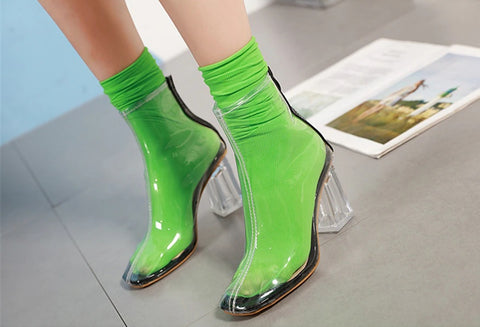 Sexy Transparent Square Toe  Zipper Fashion High Thick Heel Ankle Boot CODE: KAR2318