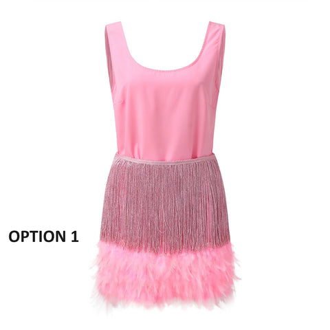 New Ostrich Feather Mini Skirt And Top 2 Pieces Set CODE: KAR2324