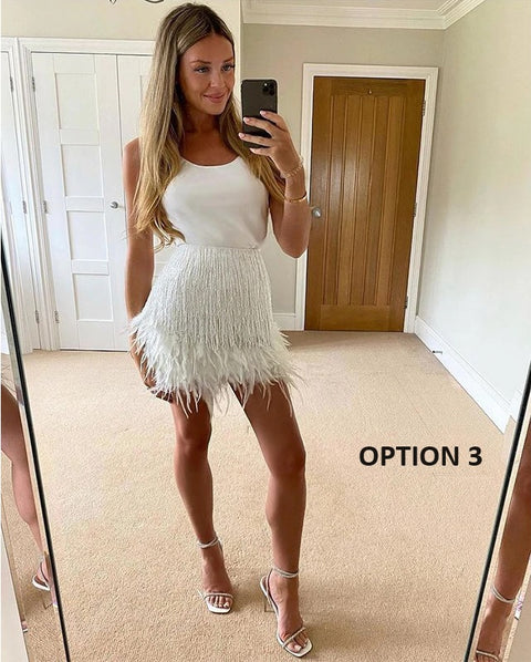 New Ostrich Feather Mini Skirt And Top 2 Pieces Set CODE: KAR2324