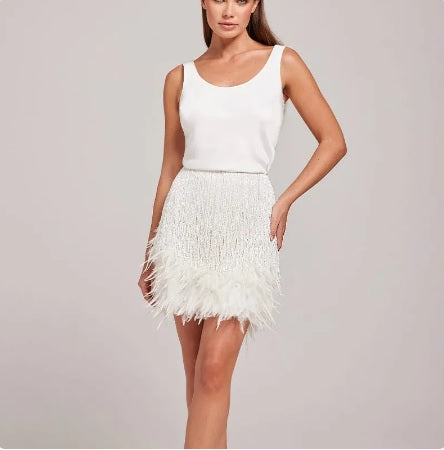 New Ostrich Feather Mini Skirt And Top 2 Pieces Set CODE: KAR2324