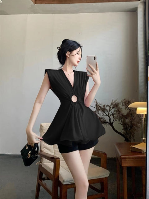 Summer New Style Fashion Hollow Out Sleeveless V Neck Ruffles Loose Elegant Shirt CODE: KAR2325