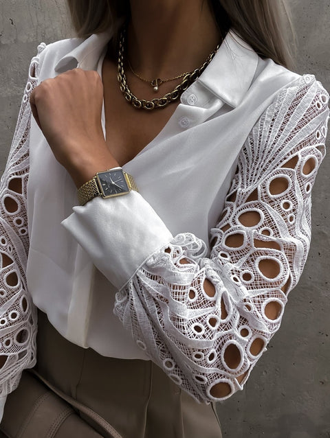 Sexy Lace Hollow Out Autumn Button Up Long Sleeve Mesh Design Shirt CODE: KAR2336