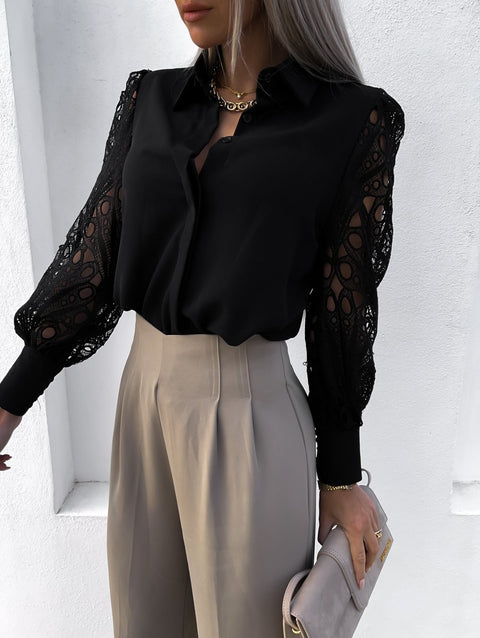 Sexy Lace Hollow Out Autumn Button Up Long Sleeve Mesh Design Shirt CODE: KAR2336