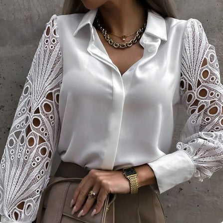 Sexy Lace Hollow Out Autumn Button Up Long Sleeve Mesh Design Shirt CODE: KAR2336