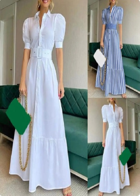 Simple Solid Color High Waist Belt Long Dress CODE: KAR2337