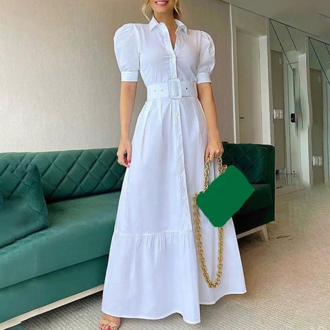 Simple Solid Color High Waist Belt Long Dress CODE: KAR2337
