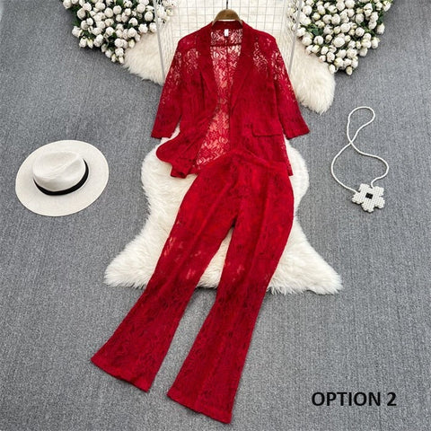 New Elegant Fashion Temperament Lace Coat Casual High Waist Flare Pant Two Piece Set CODE: KAR2340