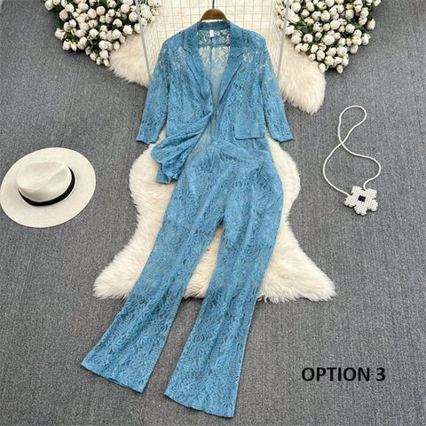 New Elegant Fashion Temperament Lace Coat Casual High Waist Flare Pant Two Piece Set CODE: KAR2340
