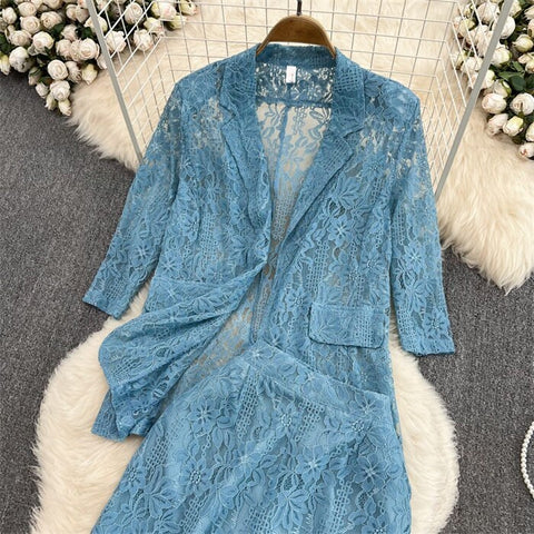 New Elegant Fashion Temperament Lace Coat Casual High Waist Flare Pant Two Piece Set CODE: KAR2340